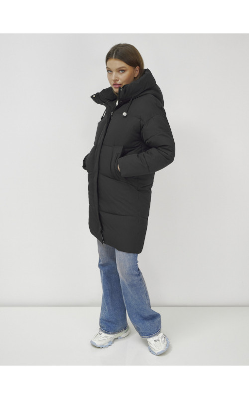 Пуховик женский зимний удлинённый с капюшоном, чёрный в Тюмени