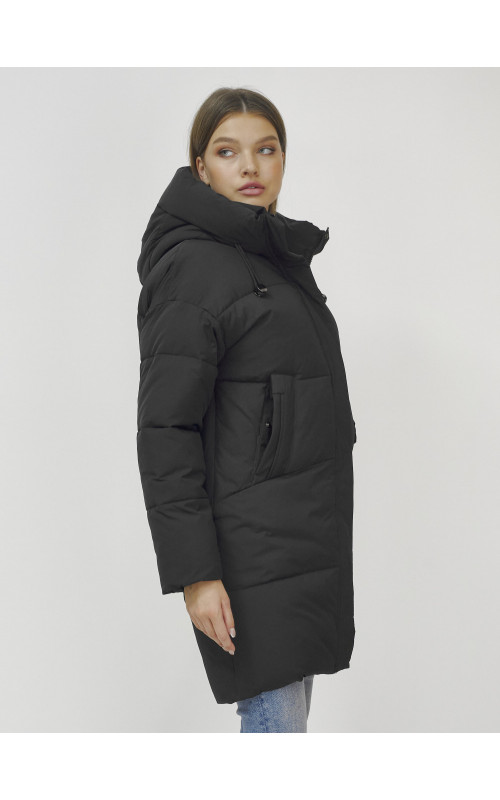 Пуховик женский зимний удлинённый с капюшоном, чёрный в Тюмени