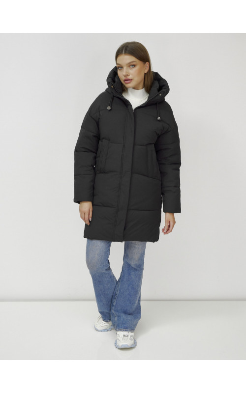 Пуховик женский зимний удлинённый с капюшоном, чёрный в Тюмени