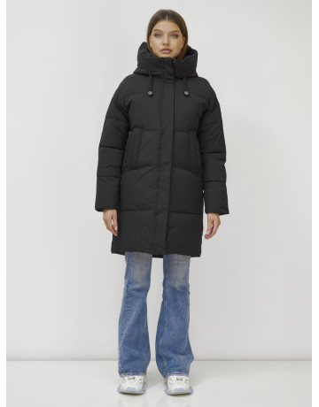 Пуховик женский зимний удлинённый с капюшоном, чёрный в Тюмени