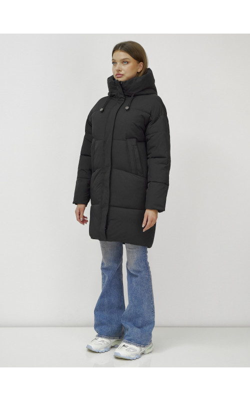 Пуховик женский зимний удлинённый с капюшоном, чёрный в Тюмени