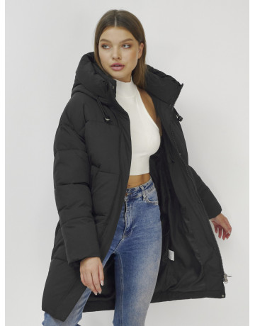 Пуховик женский зимний удлинённый с капюшоном, чёрный в Тюмени