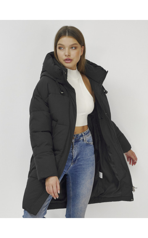 Пуховик женский зимний удлинённый с капюшоном, чёрный в Тюмени