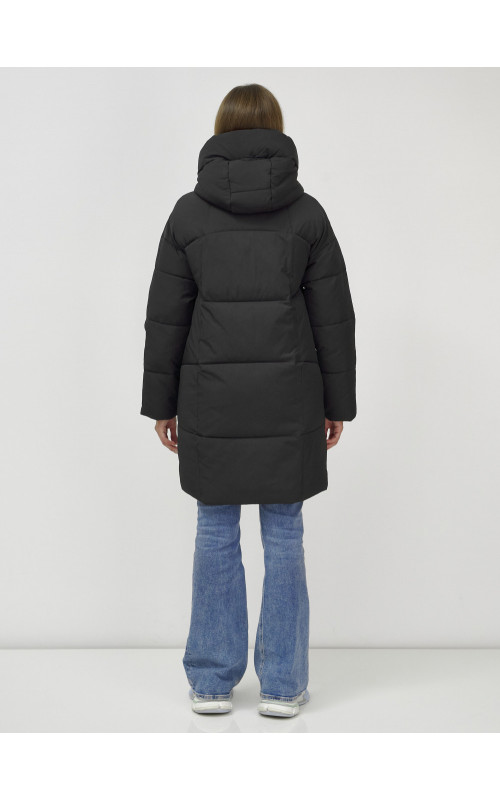 Пуховик женский зимний удлинённый с капюшоном, чёрный в Тюмени