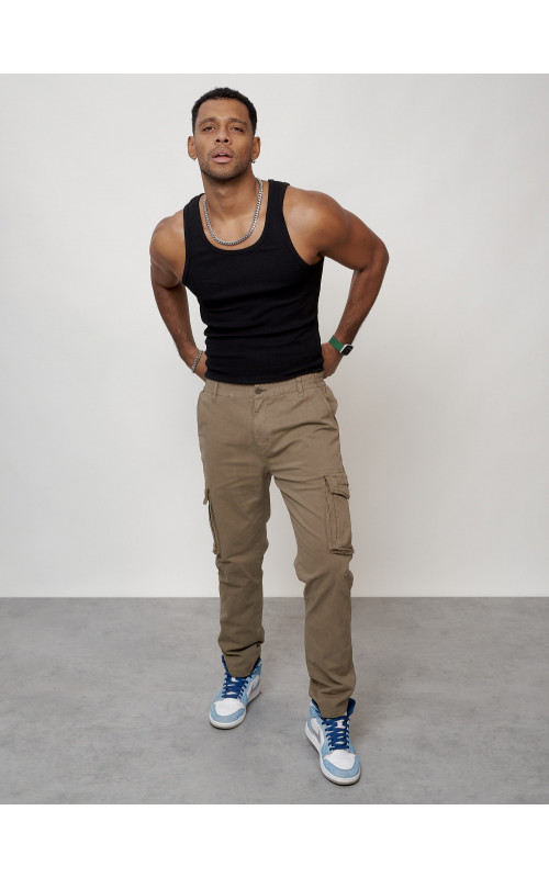 Мужские брюки карго с накладными карманами, бежевый, для повседневной носки в Тюмени