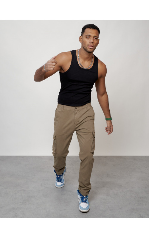 Мужские брюки карго с накладными карманами, бежевый, для повседневной носки в Тюмени