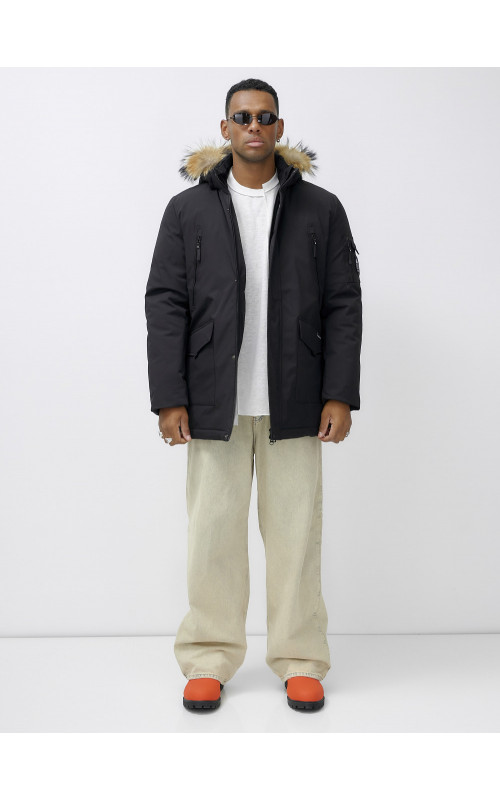 Мужская зимняя удлиненная парка с мехом, чёрная в Тюмени