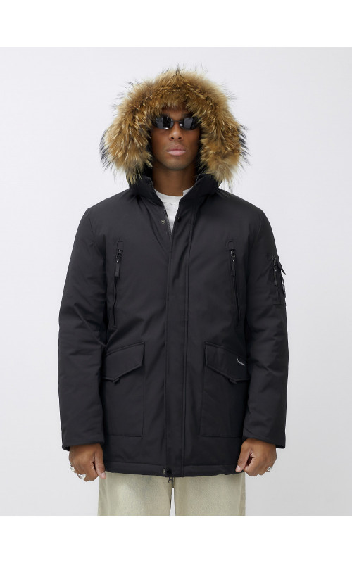 Мужская зимняя удлиненная парка с мехом, чёрная в Тюмени