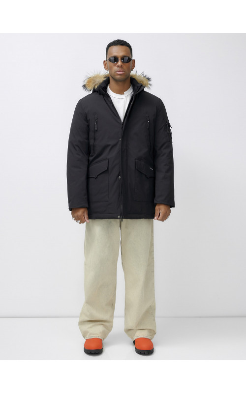 Мужская зимняя удлиненная парка с мехом, чёрная в Тюмени