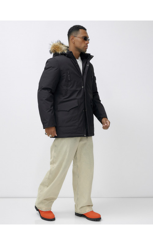 Мужская зимняя удлиненная парка с мехом, чёрная в Тюмени