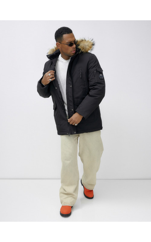 Мужская зимняя удлиненная парка с мехом, чёрная в Тюмени
