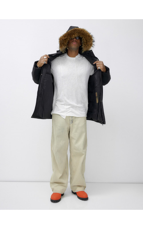 Мужская зимняя удлиненная парка с мехом, чёрная в Тюмени