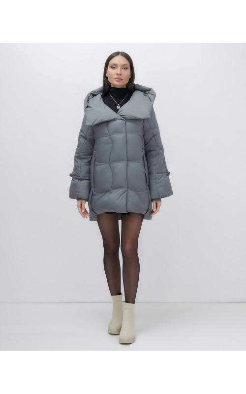 Женский зимний пуховик с капюшоном, тёмно-серый. в Тюмени