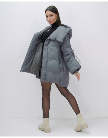 Женский зимний пуховик с капюшоном, тёмно-серый. в Тюмени