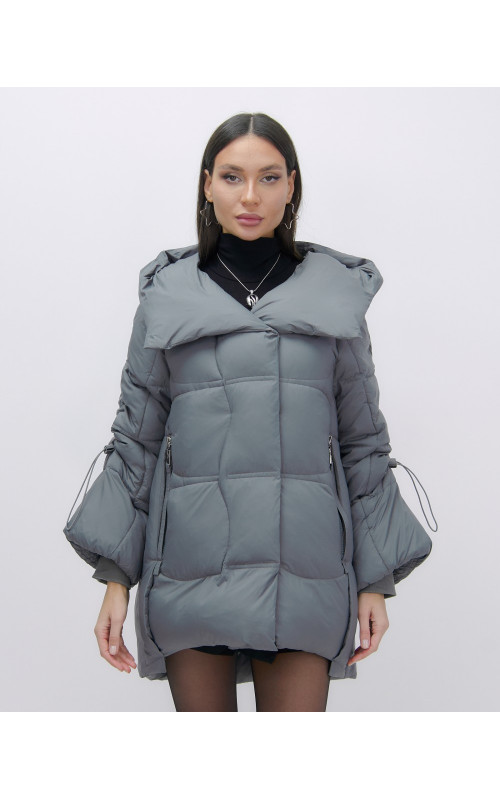 Женский зимний пуховик с капюшоном, тёмно-серый. в Тюмени
