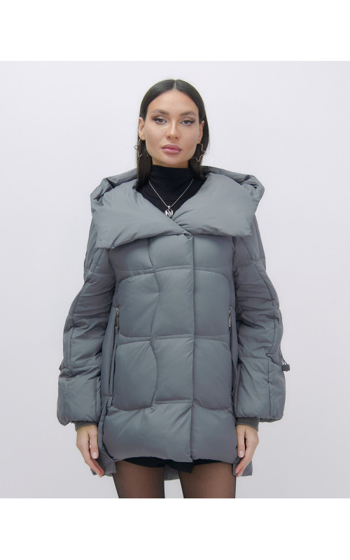 Женский зимний пуховик с капюшоном, тёмно-серый. в Тюмени