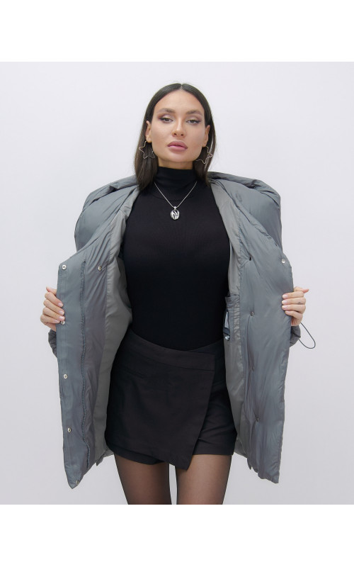 Женский зимний пуховик с капюшоном, тёмно-серый. в Тюмени