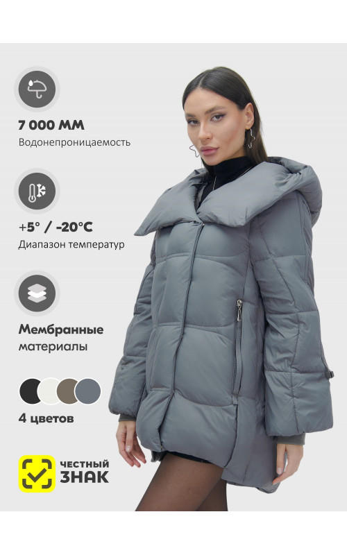 Женский зимний пуховик с капюшоном, тёмно-серый. в Тюмени