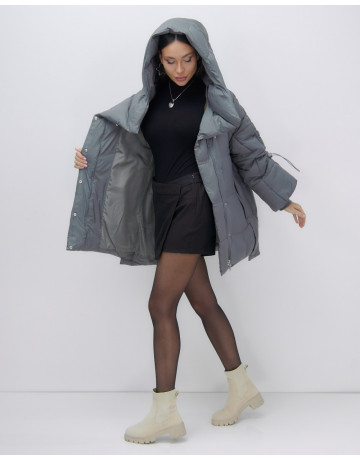 Женский зимний пуховик с капюшоном, тёмно-серый. в Тюмени