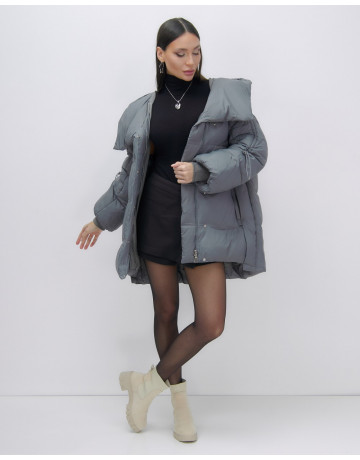 Женский зимний пуховик с капюшоном, тёмно-серый. в Тюмени