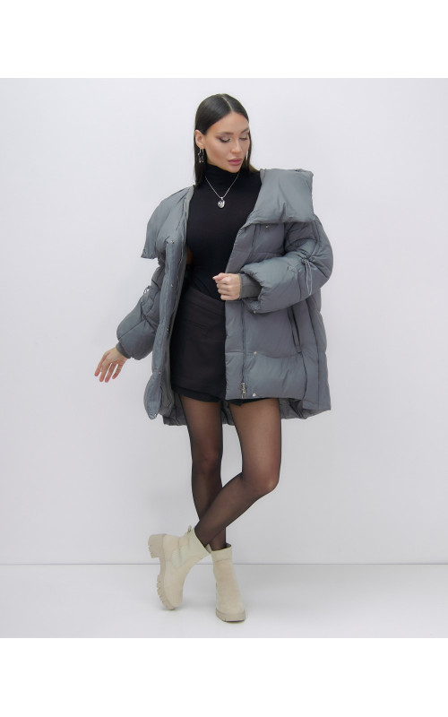 Женский зимний пуховик с капюшоном, тёмно-серый. в Тюмени
