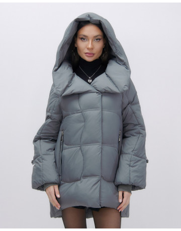 Женский зимний пуховик с капюшоном, тёмно-серый. в Тюмени