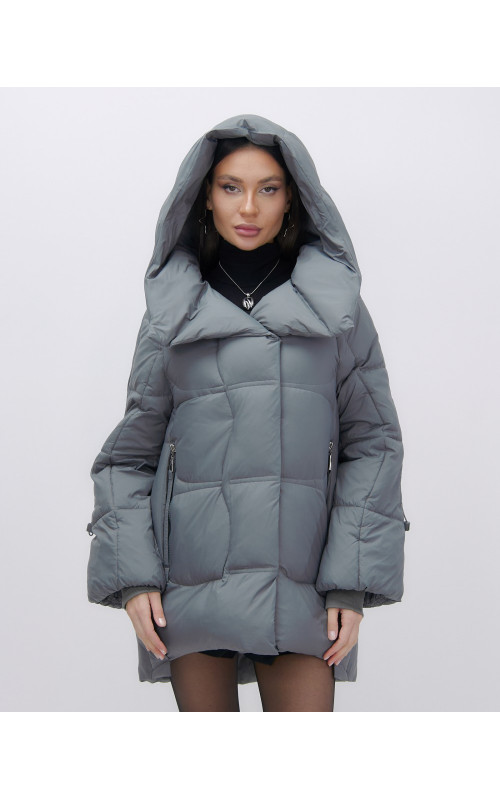 Женский зимний пуховик с капюшоном, тёмно-серый. в Тюмени