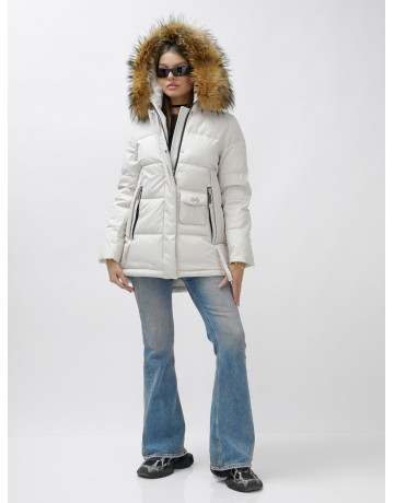 Женский зимний пуховик премиум-класса светло-бежевого цвета с мехом енота. в Тюмени