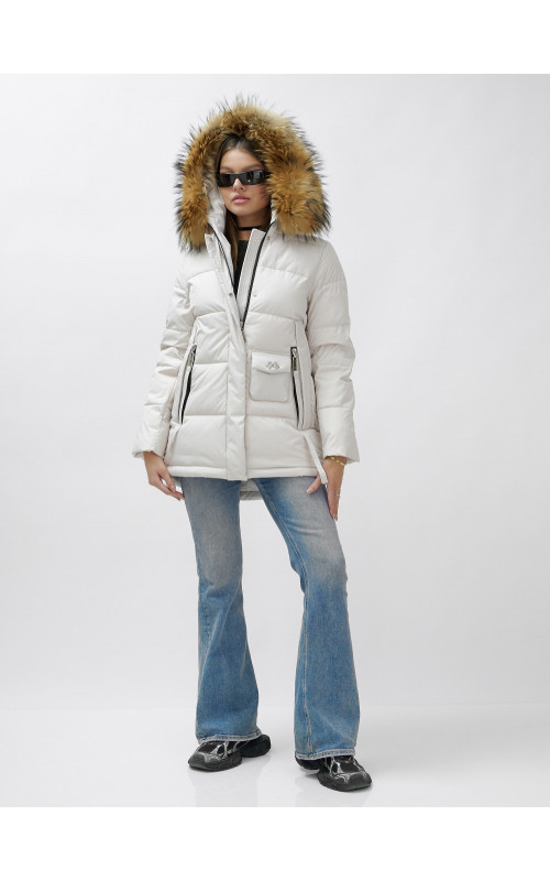 Женский зимний пуховик премиум-класса светло-бежевого цвета с мехом енота. в Тюмени