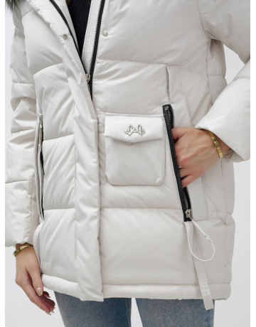 Женский зимний пуховик премиум-класса светло-бежевого цвета с мехом енота. в Тюмени