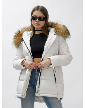 Женский зимний пуховик премиум-класса светло-бежевого цвета с мехом енота. в Тюмени