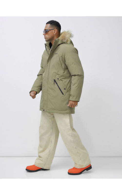 Мужская зимняя парка удлиненная с мехом цвета хаки для активного отдыха в Тюмени