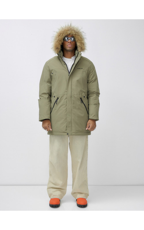 Мужская зимняя парка удлиненная с мехом цвета хаки для активного отдыха в Тюмени