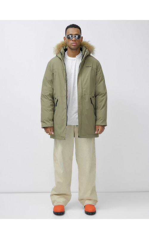 Мужская зимняя парка удлиненная с мехом цвета хаки для активного отдыха в Тюмени