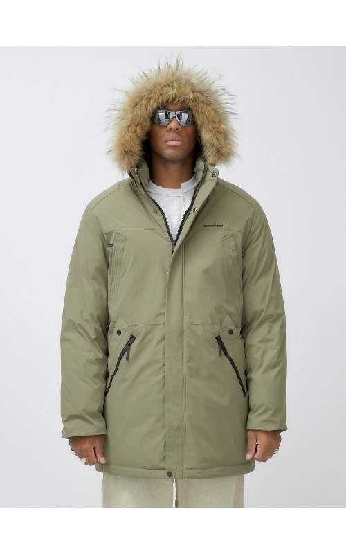 Мужская зимняя парка удлиненная с мехом цвета хаки для активного отдыха в Тюмени