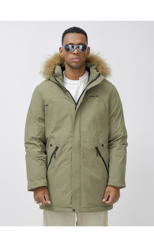 Мужская зимняя парка удлиненная с мехом цвета хаки для активного отдыха в Тюмени