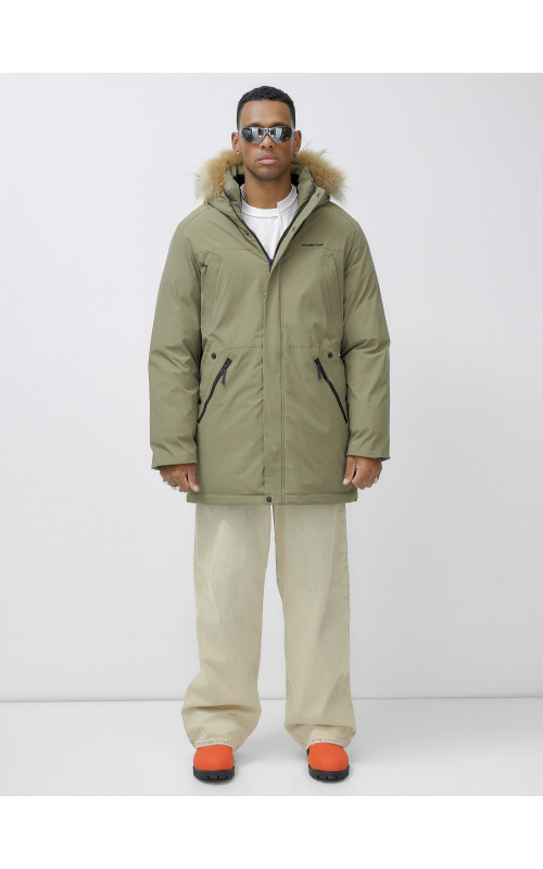Мужская зимняя парка удлиненная с мехом цвета хаки для активного отдыха в Тюмени
