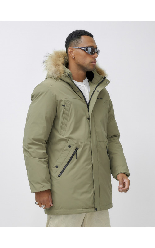 Мужская зимняя парка удлиненная с мехом цвета хаки для активного отдыха в Тюмени