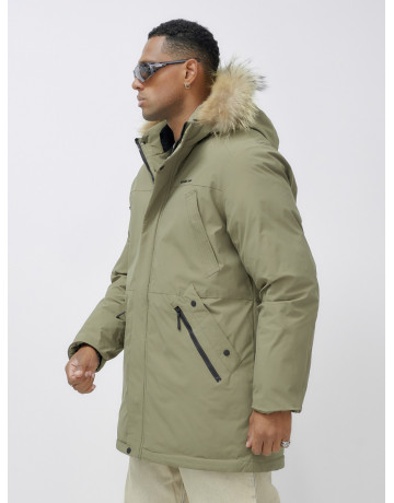 Мужская зимняя парка удлиненная с мехом цвета хаки для активного отдыха в Тюмени