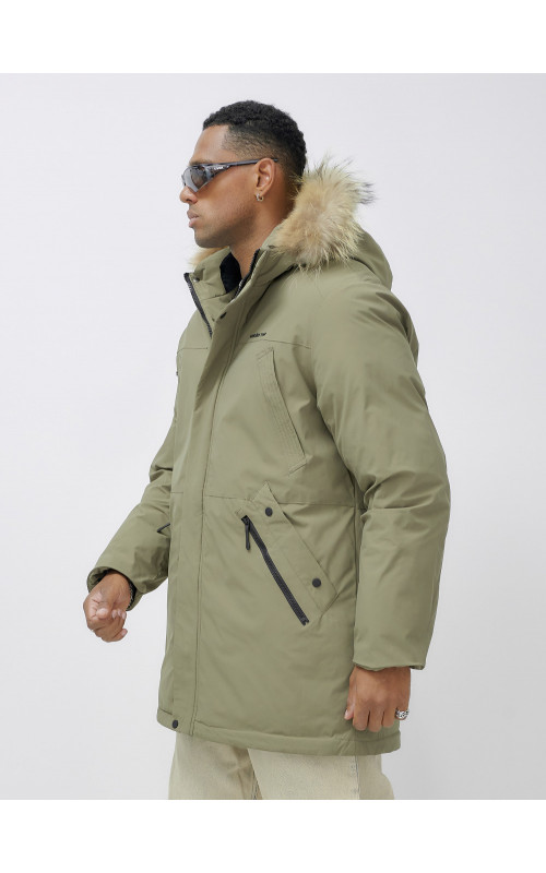 Мужская зимняя парка удлиненная с мехом цвета хаки для активного отдыха в Тюмени