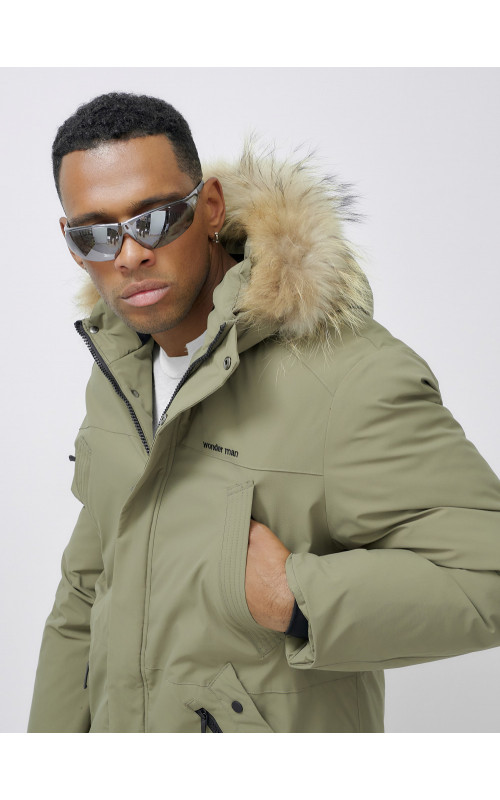 Мужская зимняя парка удлиненная с мехом цвета хаки для активного отдыха в Тюмени