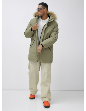Мужская зимняя парка удлиненная с мехом цвета хаки для активного отдыха в Тюмени