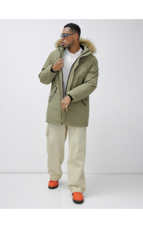 Мужская зимняя парка удлиненная с мехом цвета хаки для активного отдыха в Тюмени