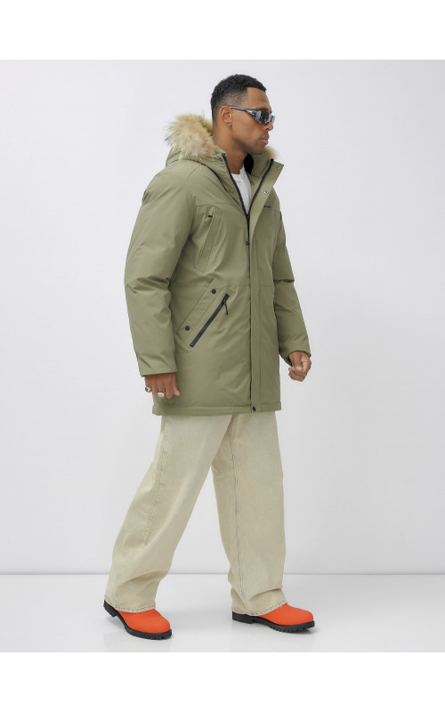 Мужская зимняя парка удлиненная с мехом цвета хаки для активного отдыха в Тюмени
