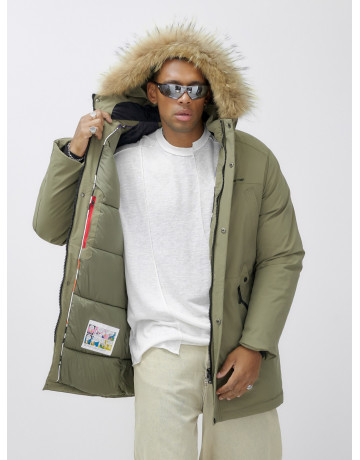 Мужская зимняя парка удлиненная с мехом цвета хаки для активного отдыха в Тюмени