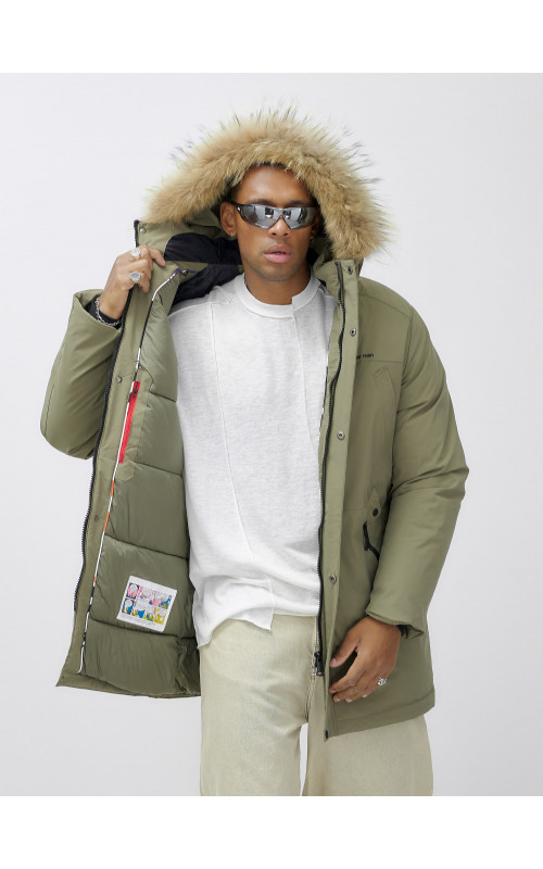 Мужская зимняя парка удлиненная с мехом цвета хаки для активного отдыха в Тюмени