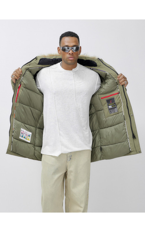 Мужская зимняя парка удлиненная с мехом цвета хаки для активного отдыха в Тюмени