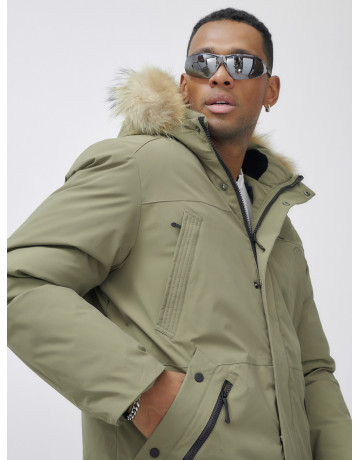 Мужская зимняя парка удлиненная с мехом цвета хаки для активного отдыха в Тюмени