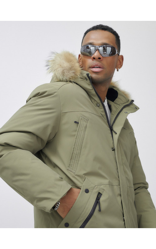Мужская зимняя парка удлиненная с мехом цвета хаки для активного отдыха в Тюмени