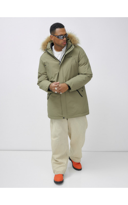 Мужская зимняя парка удлиненная с мехом цвета хаки для активного отдыха в Тюмени